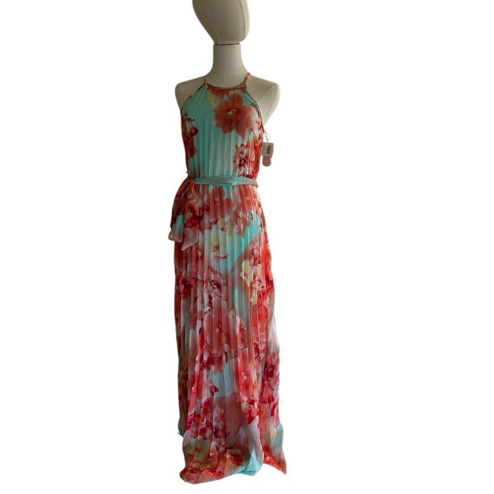 B. Darlin Long Maxi Pleated Dress, Aqua/Coral, Size 1/2, NWT